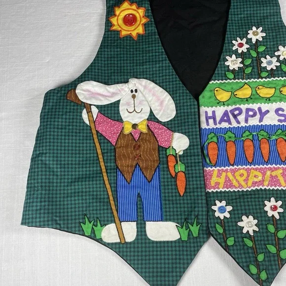 Easter Embroidered Festive Vest Unisex Buttons And Glitter Spring Easter Bunny - Picture 4 of 11